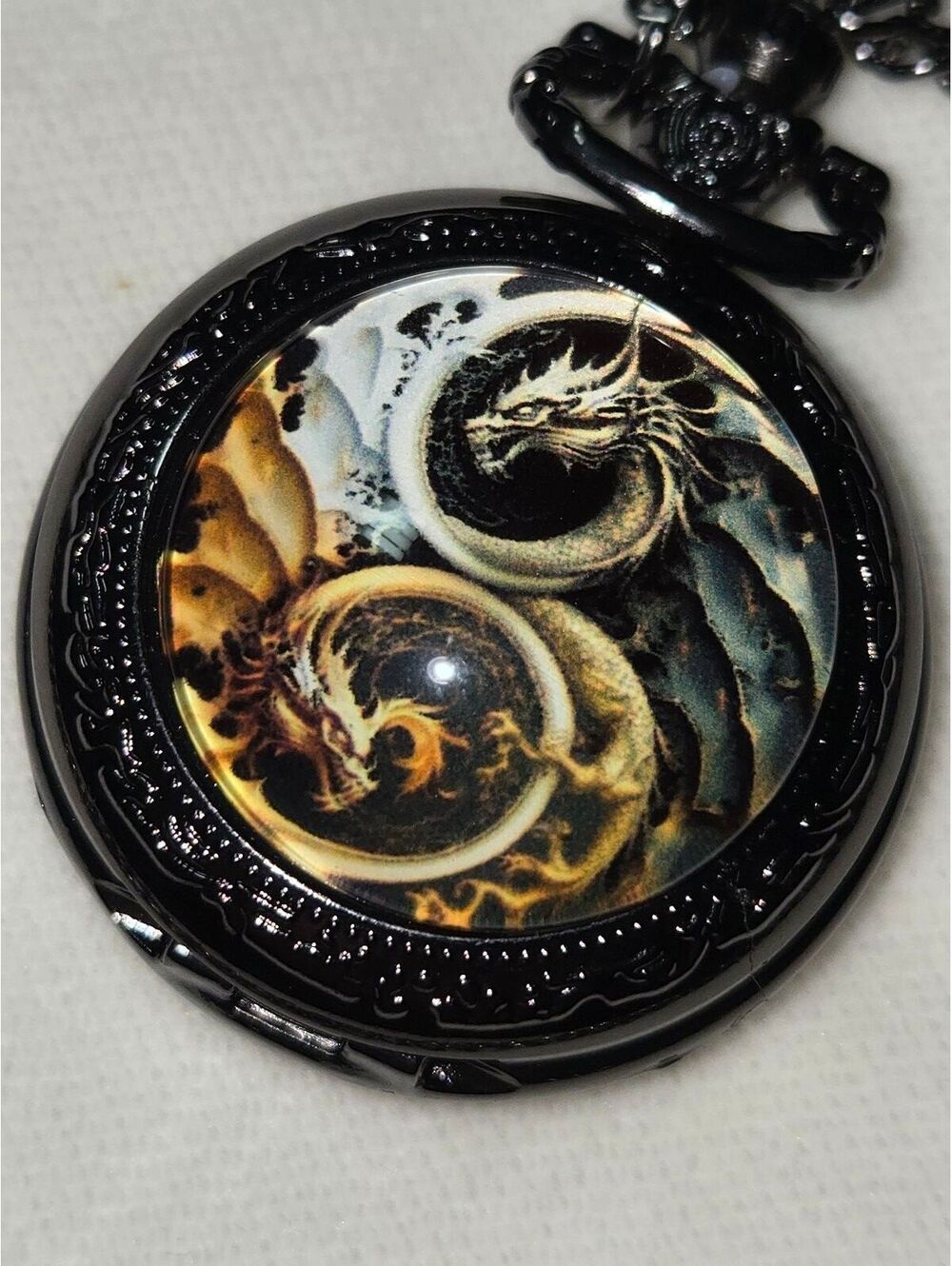 Vintage Black and Blue Fantasy Dragon Pocket Watch Necklace w 30-Inch Chain, New